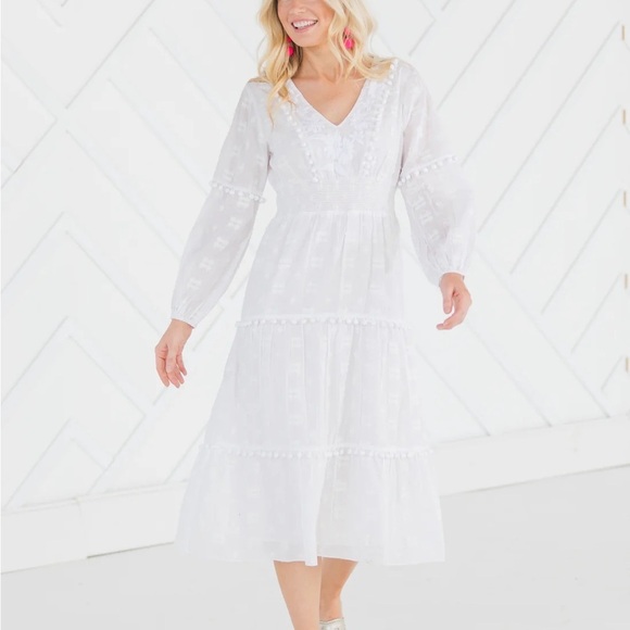 Sail To Sable Embroidered Pom Pom Midi Dress White